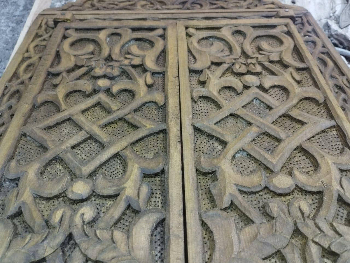 Hand-Carved Moroccan Wooden Mirror Frame with Shutters, Riad Wall Decor