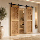 Handmade Moroccan Double Sliding Barn Doors, Arabesque Carved Wood Room Divider