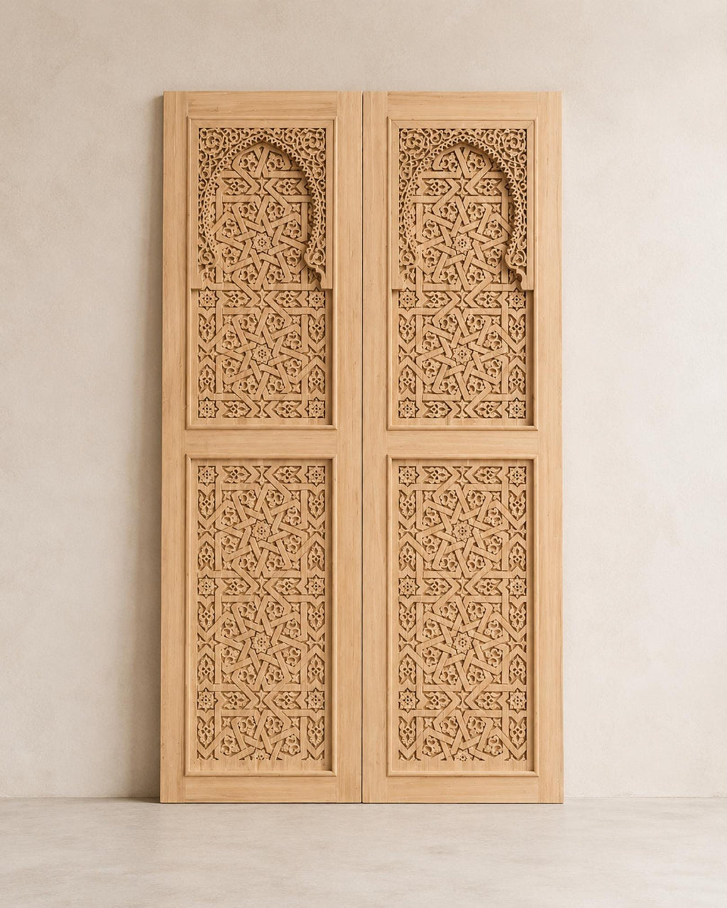 Handmade Moroccan Double Sliding Barn Doors, Arabesque Carved Wood Room Divider