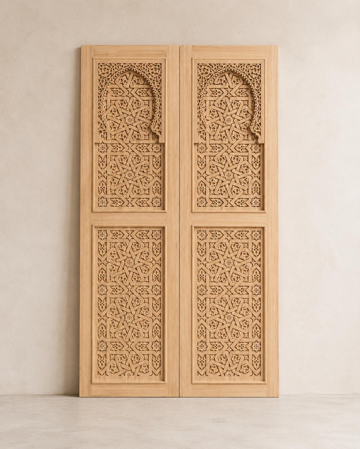 Handmade Moroccan Double Sliding Barn Doors, Arabesque Carved Wood Room Divider