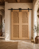 Handmade Moroccan Double Sliding Barn Doors, Arabesque Carved Wood Room Divider