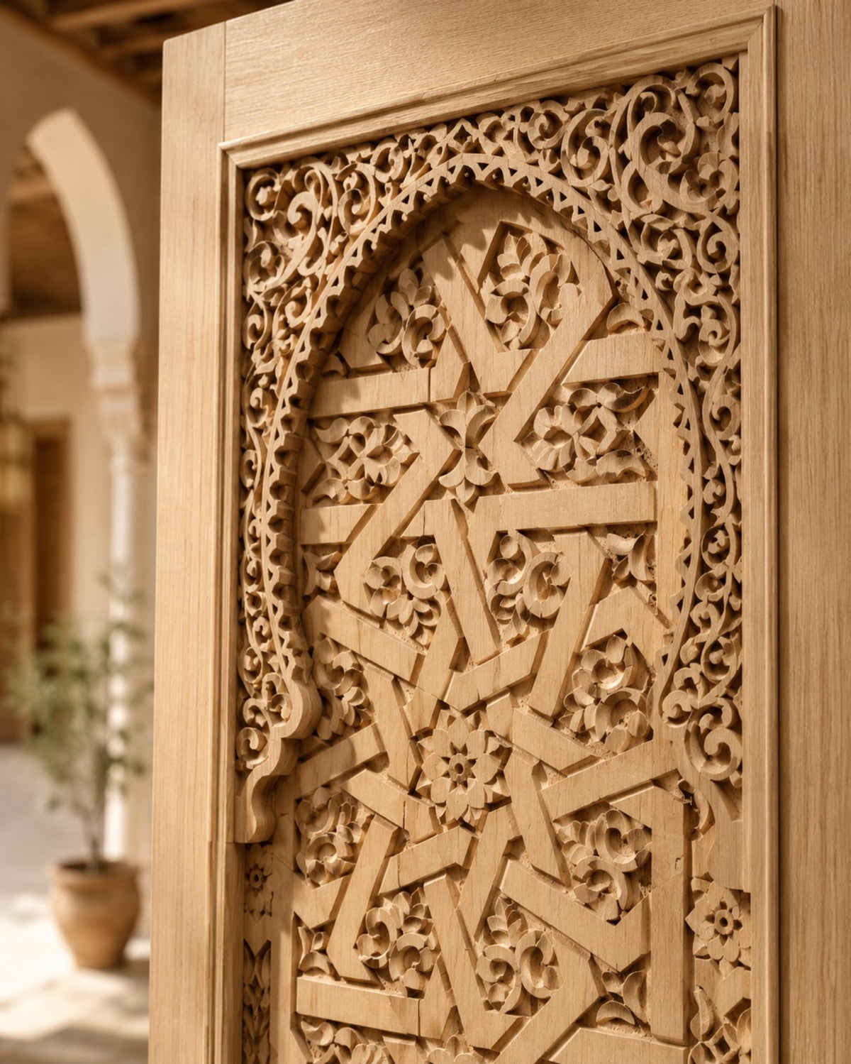 Handmade Moroccan Double Sliding Barn Doors, Arabesque Carved Wood Room Divider