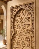 Handmade Moroccan Double Sliding Barn Doors, Arabesque Carved Wood Room Divider