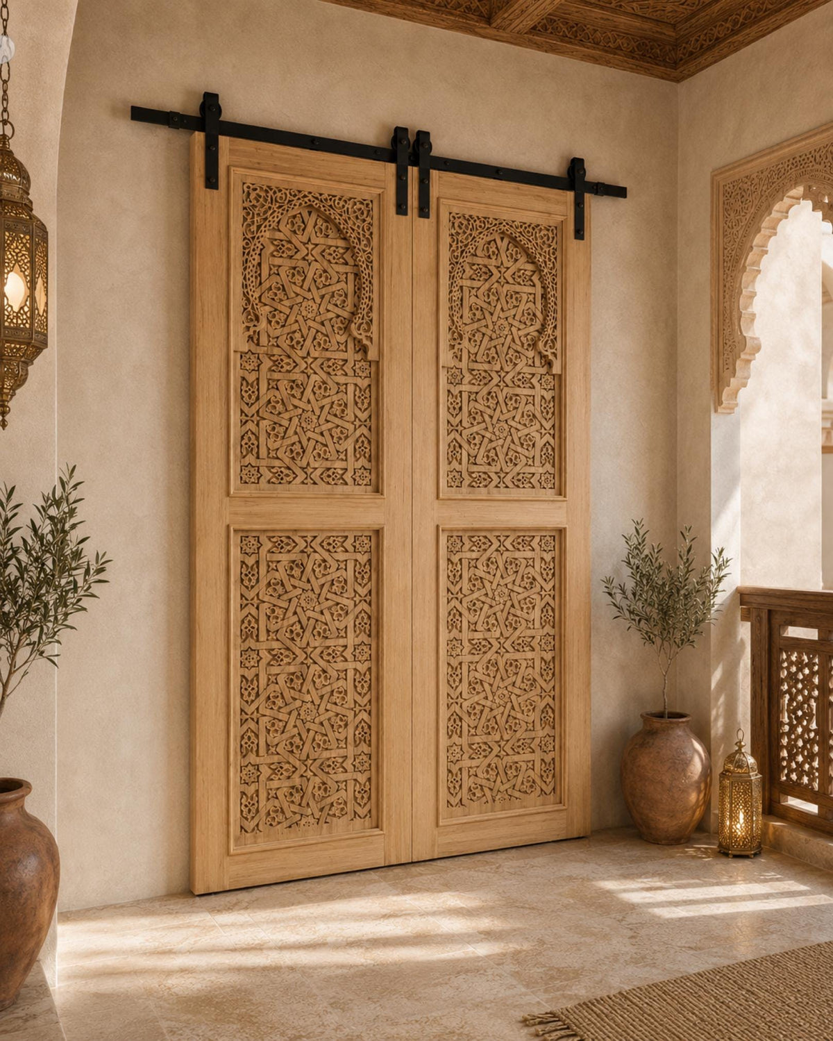 Handmade Moroccan Double Sliding Barn Doors, Arabesque Carved Wood Room Divider