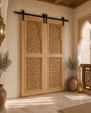 Handmade Moroccan Double Sliding Barn Doors, Arabesque Carved Wood Room Divider