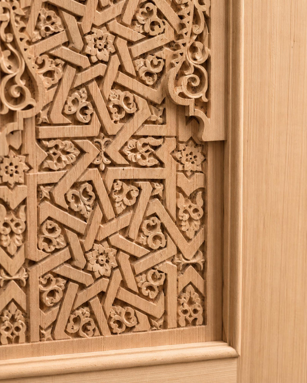 Handmade Moroccan Double Sliding Barn Doors, Arabesque Carved Wood Room Divider