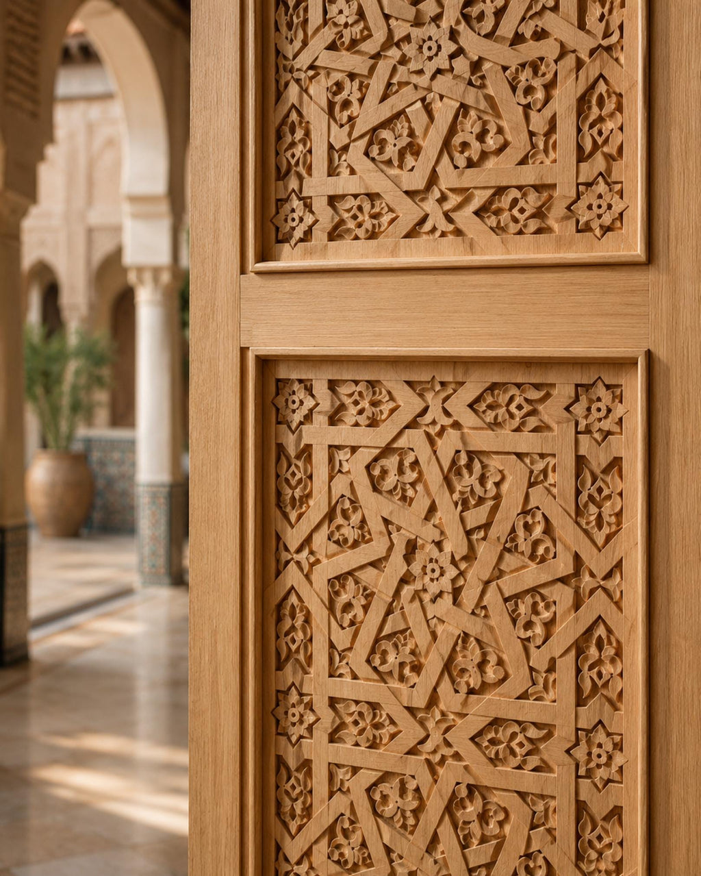 Handmade Moroccan Double Sliding Barn Doors, Arabesque Carved Wood Room Divider