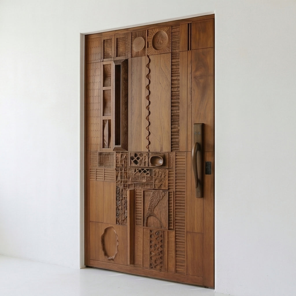 Hand-Carved Moroccan Wooden Door, Abstract Geometric Entry, Textured Panels, Custom Size