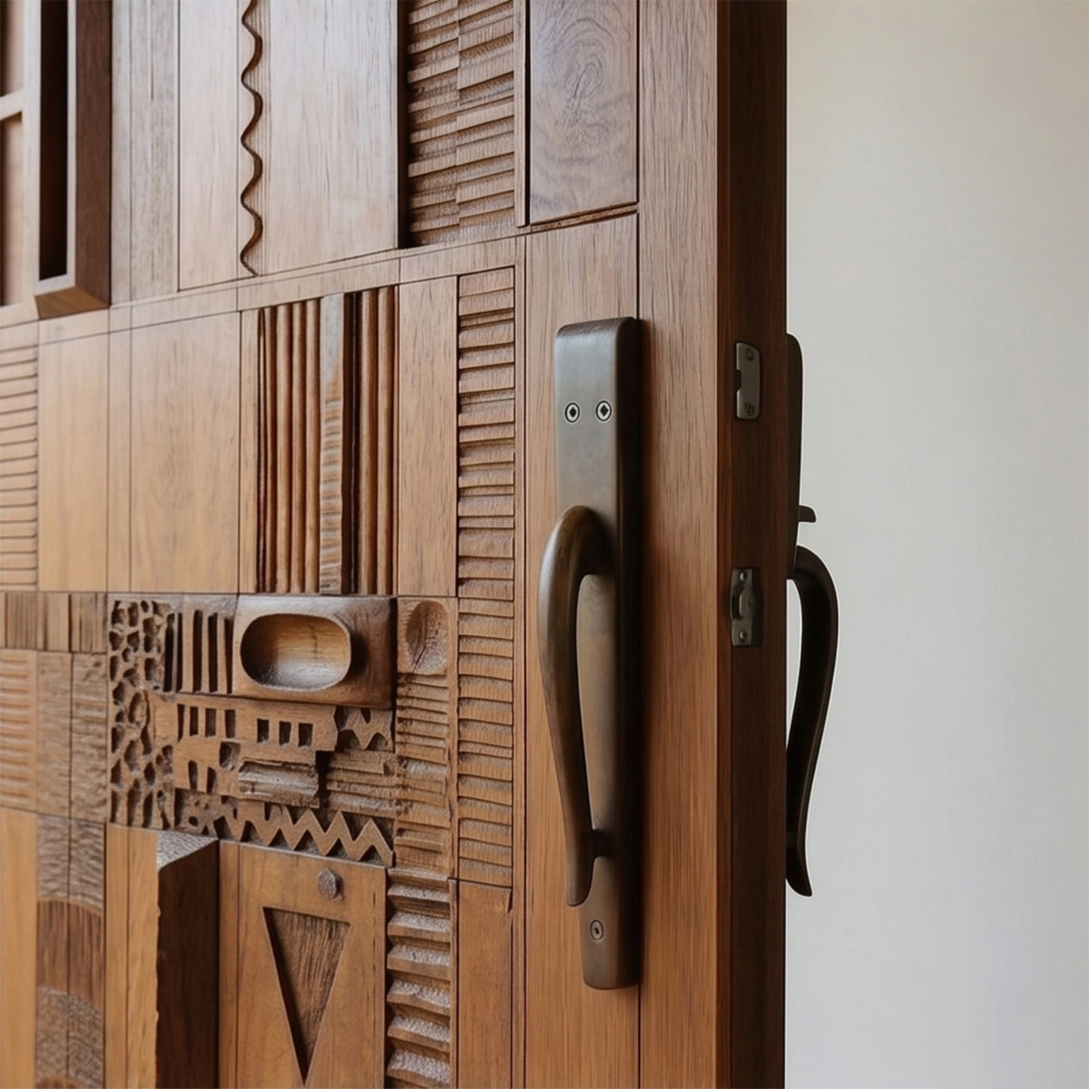 Hand-Carved Moroccan Wooden Door, Abstract Geometric Entry, Textured Panels, Custom Size