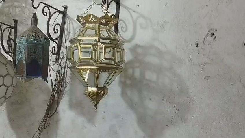 Title: Handmade Moroccan Brass & Clear Glass Pendant Lantern – Gold Finish – 35 cm / 14 in